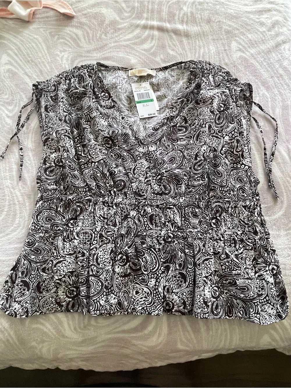 Michael Kors Black & White Paisley Floral V-Neck Blouse